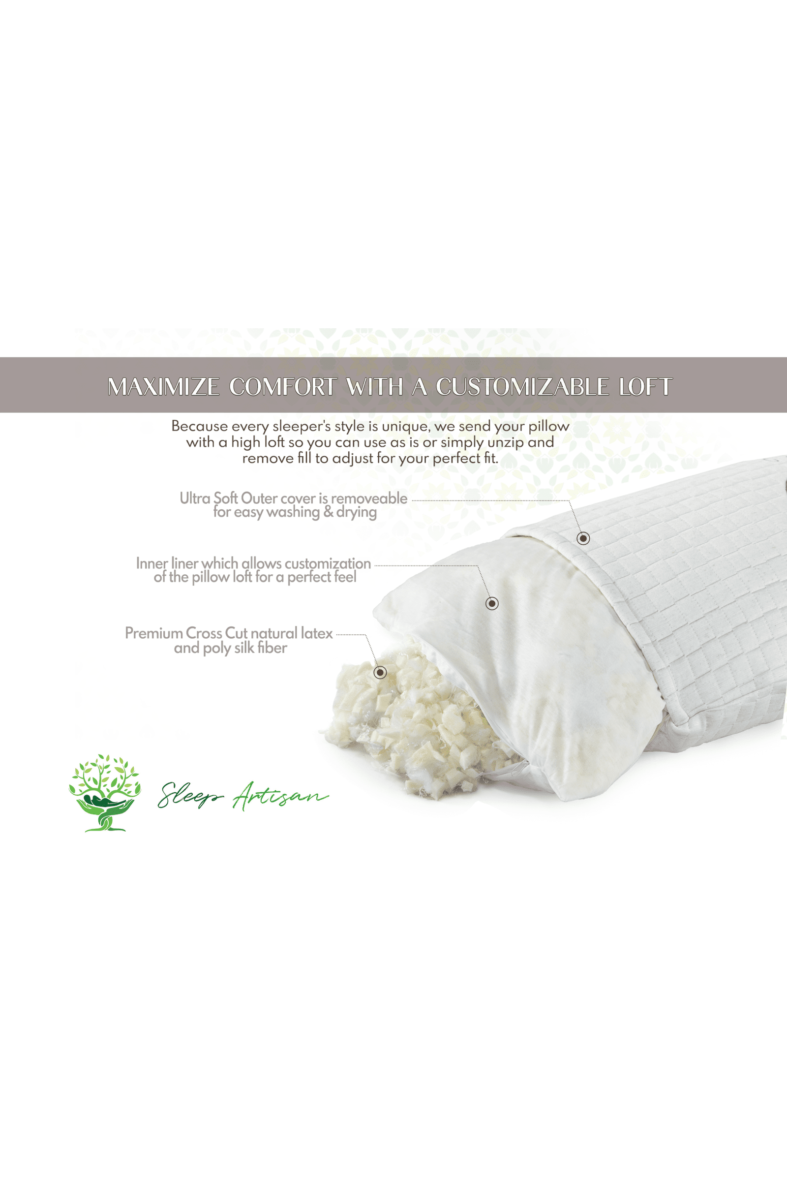 Sleep Artisan Encore Pillows : Natural Talalay Latex Pillow with Washable Cover and Adjustable Loft